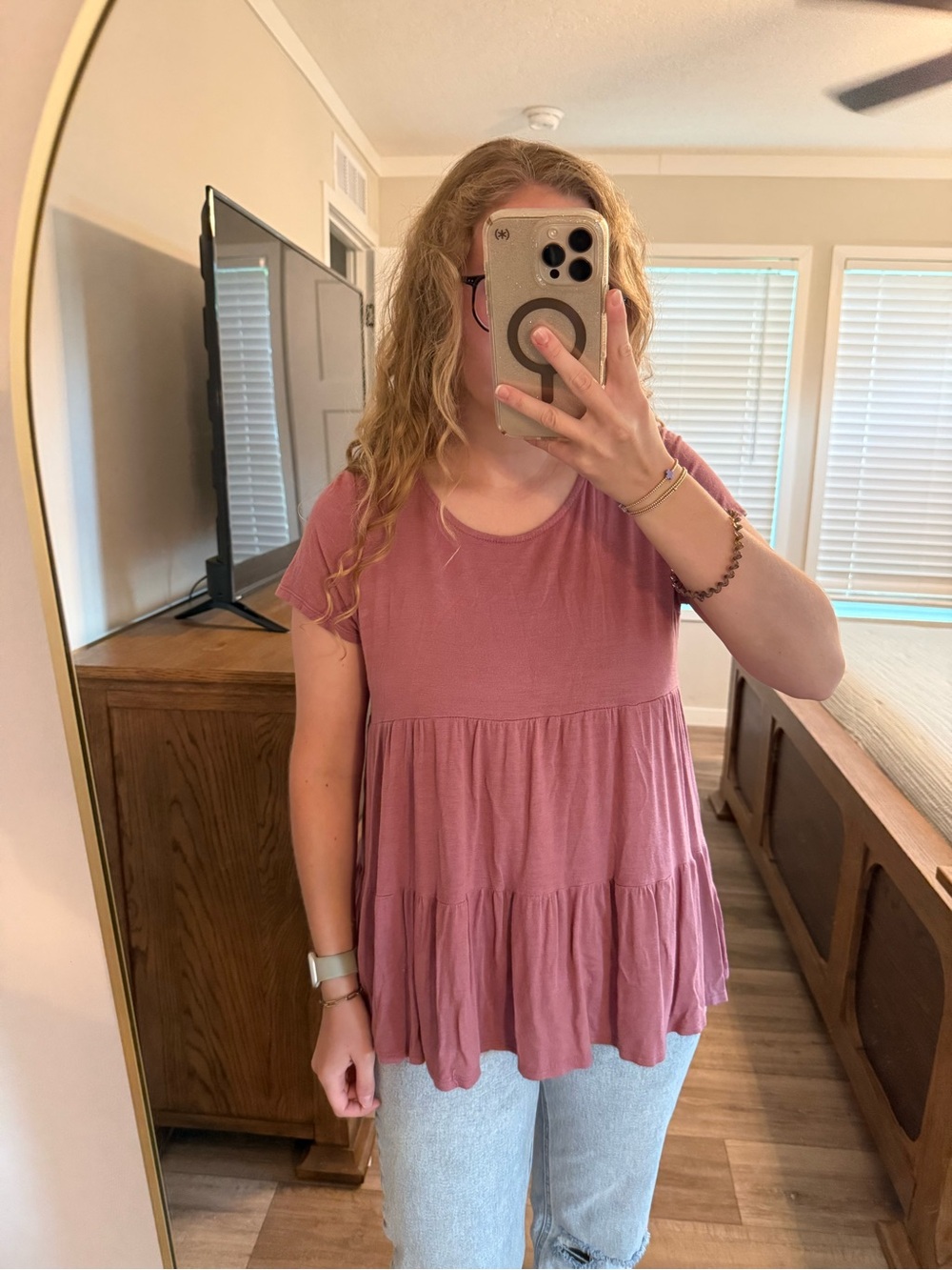 Pink Lily babydoll top in mauve 
-Size M